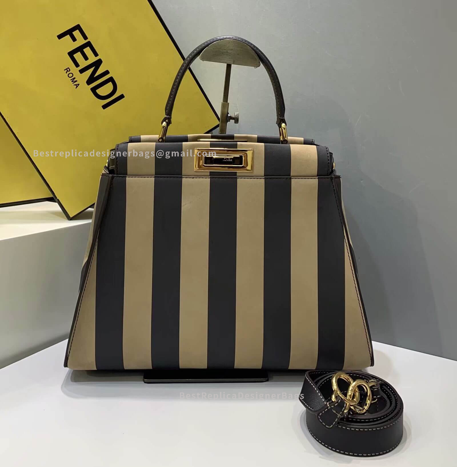 Fendi Peekaboo Iconic Medium Black And Brown Stripe Leather Bag 2122M